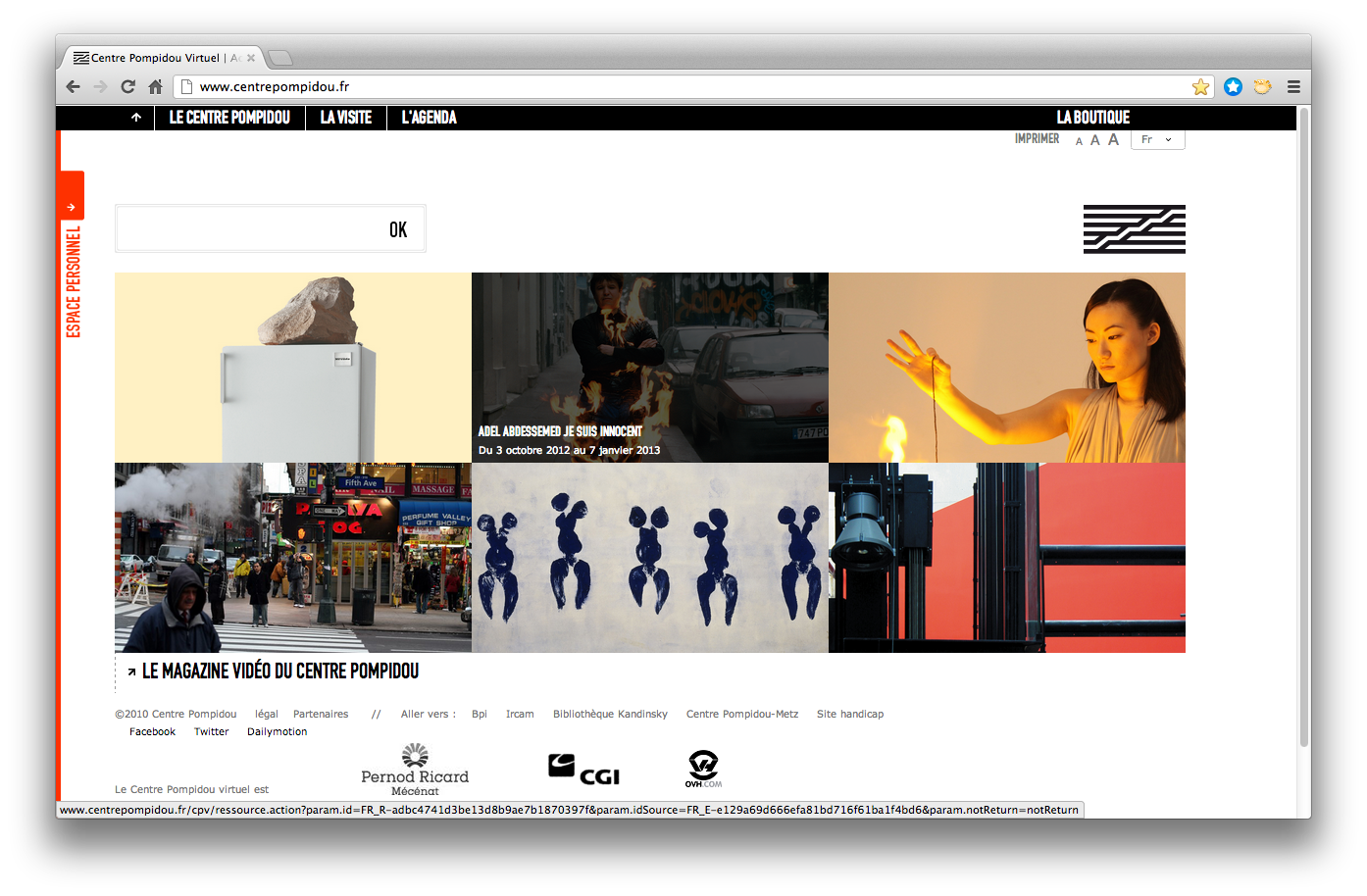 Capture d'écran, page d'accueil du site du Centre Pompidou, octobre 2012